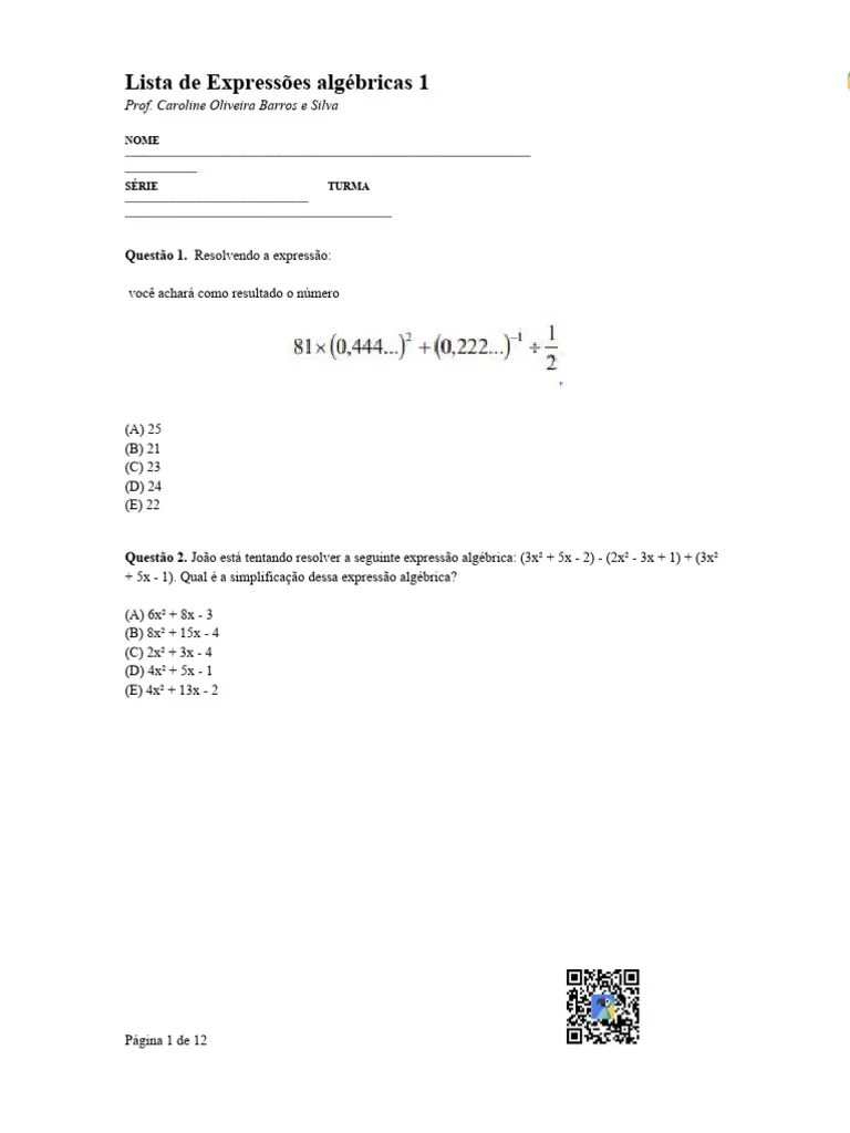 Lista De Expressões Algébricas 1 | PDF | Equações | Tempo