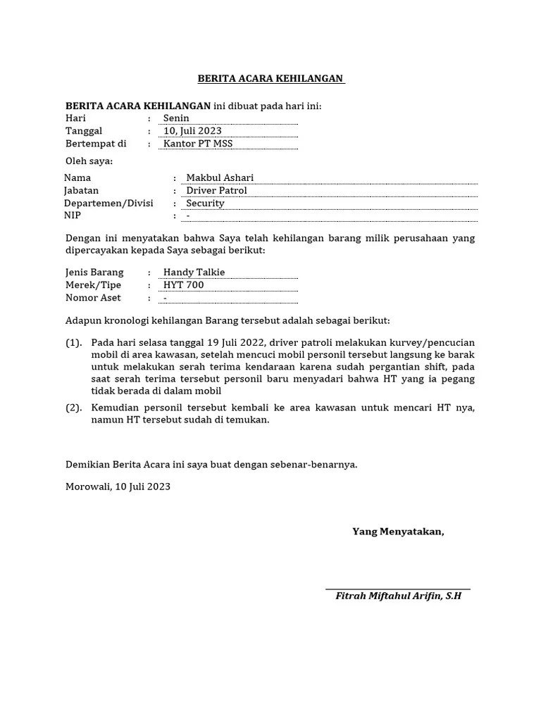 Berita Acara Kehilangan HT Makbul Patrol | PDF