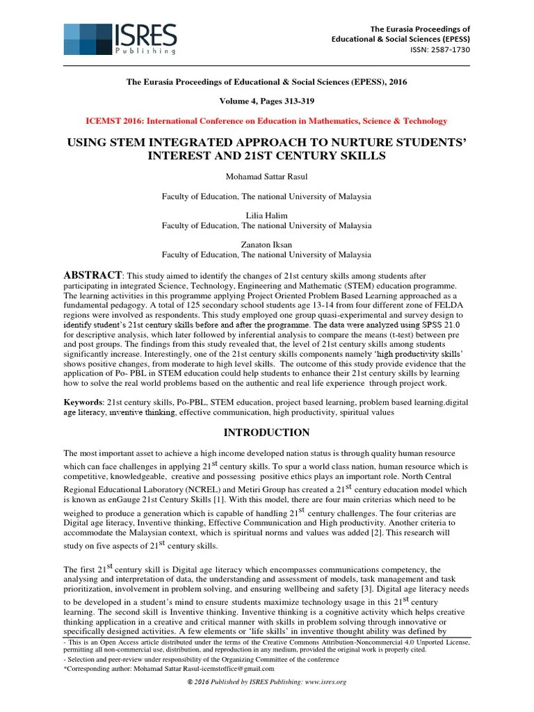 Using Stem Integrated Approach To Nurture Students - Interest And 21ST ...