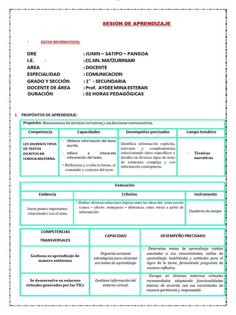 Sesion-De-Aprendizaje - Comunicacion | PDF | Aprendizaje | Narración