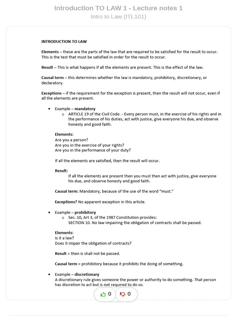 Introduction To Law 1 Lecture Notes 1 - Compress | PDF | Statutory Interpretation | Precedent