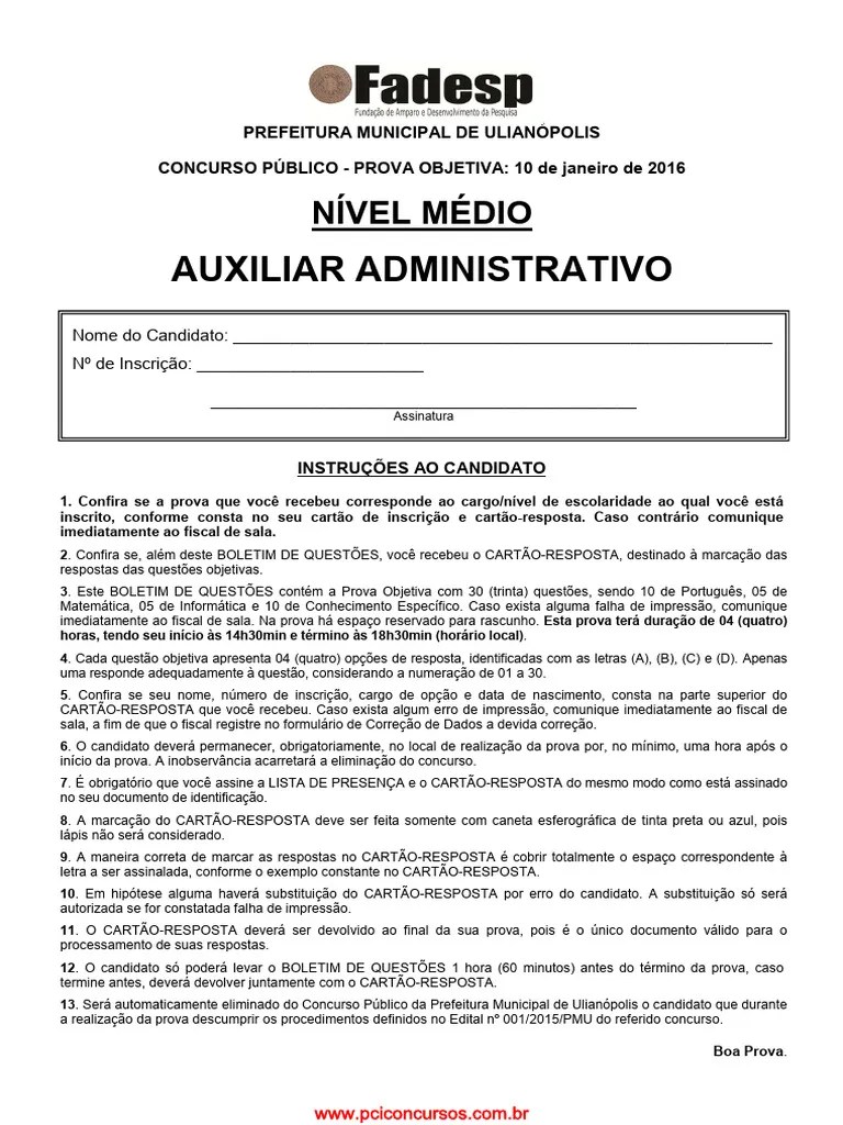 Prova De Auxiliar Administrativo Nivel Medio | Download Grátis PDF ...
