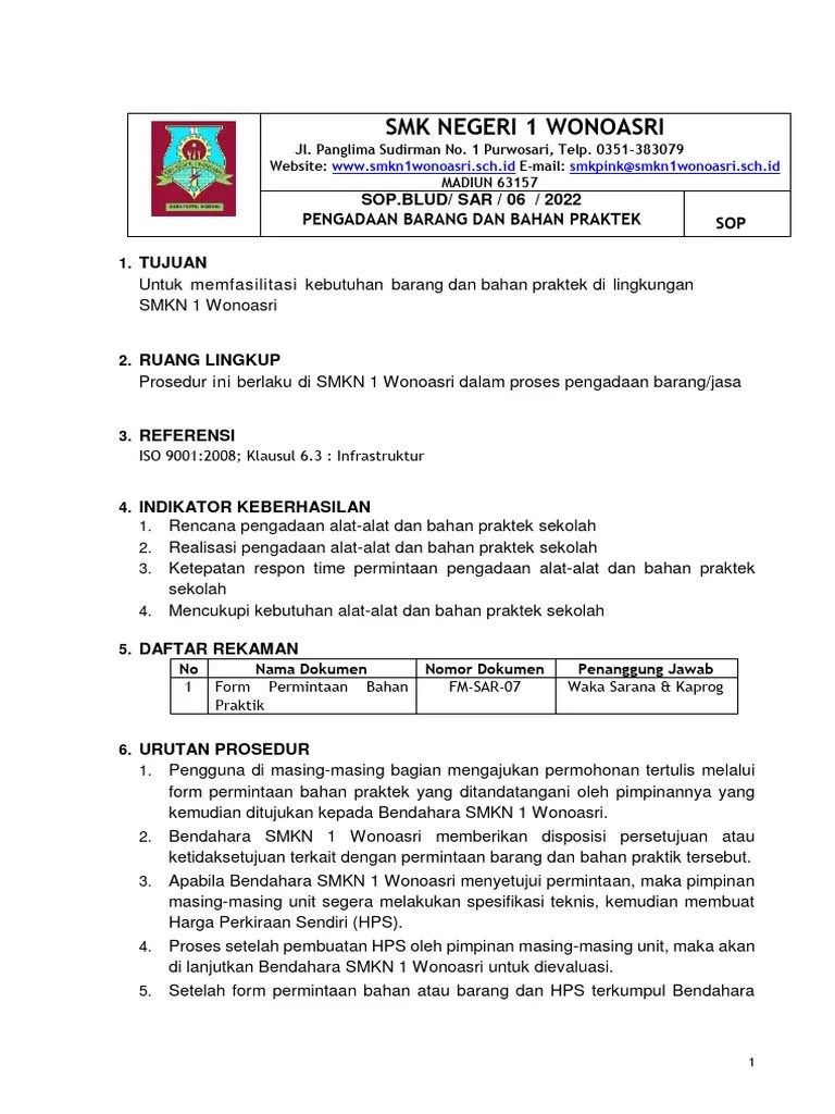SOP Pengadaan Barang Dan Bahan Praktek Rev2 Format | PDF