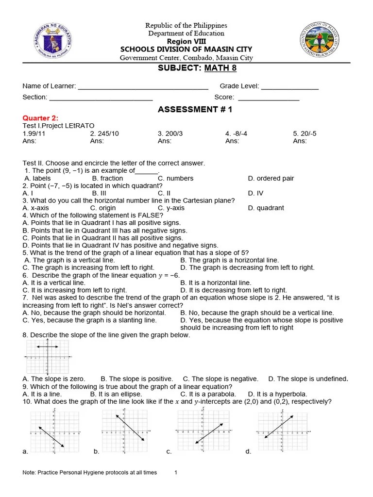 Math 8 ASSESSMENT Quarter 2 | PDF | Cartesian Coordinate System | Slope