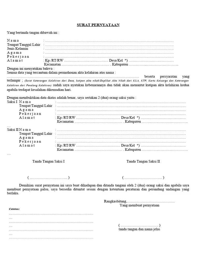 Surat Pernyataan Permohonan Akta Kelahiran | PDF