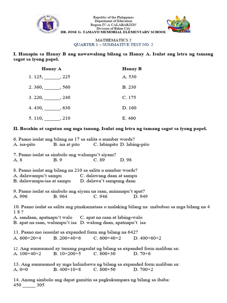 GRADE 2 Math Q2 Summative Test No. 2 | PDF