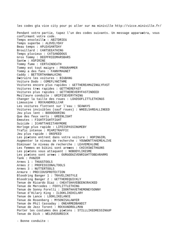 Codes De Triche Pour GTA Vice City PC PDF 1