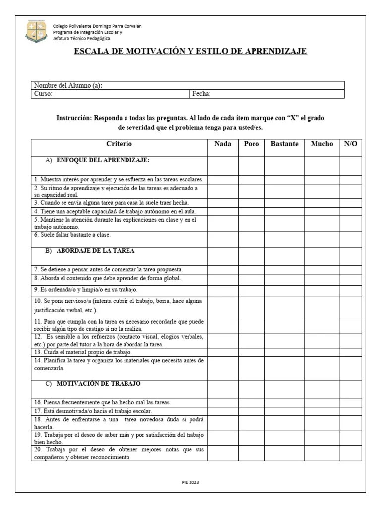 Cuestionario De Motivacion Y Estilos De Aprendizaje (PIE 2023) | PDF | Motivación | Motivacional