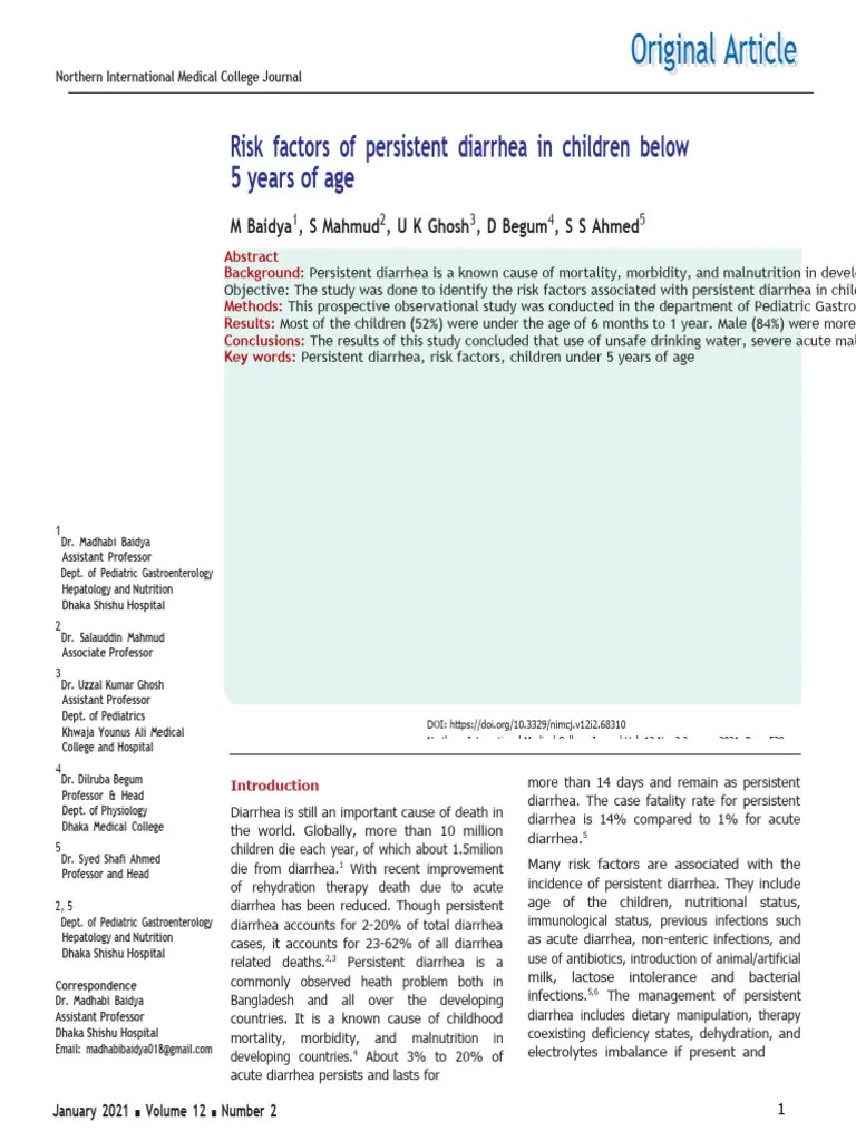 Risk Factors Of Persistent Diarrhea In Children Be | PDF