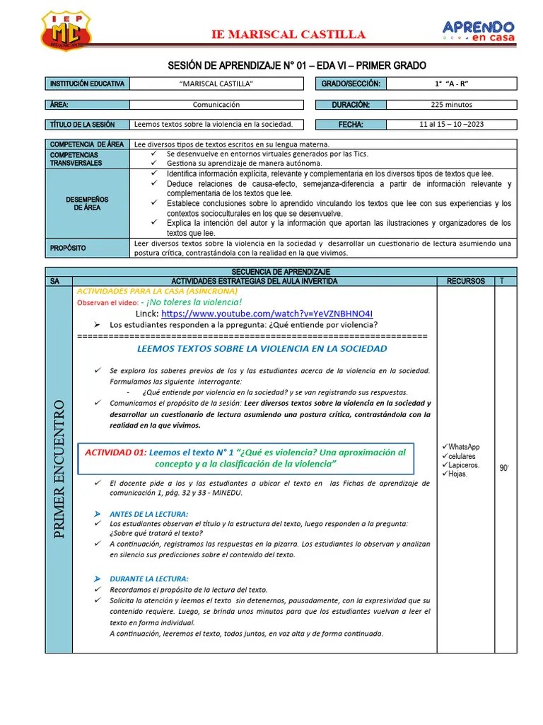 Sesión De Aprendizaje N°01-Eda-Vi - (Primero) | PDF | Aprendizaje | Cuestionario