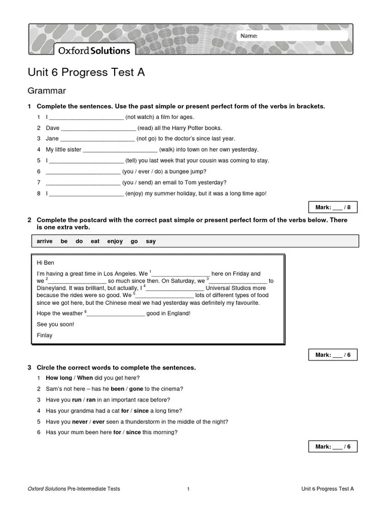 Oxford Solutions Pre-Int Progress Test Unit 6 A | PDF