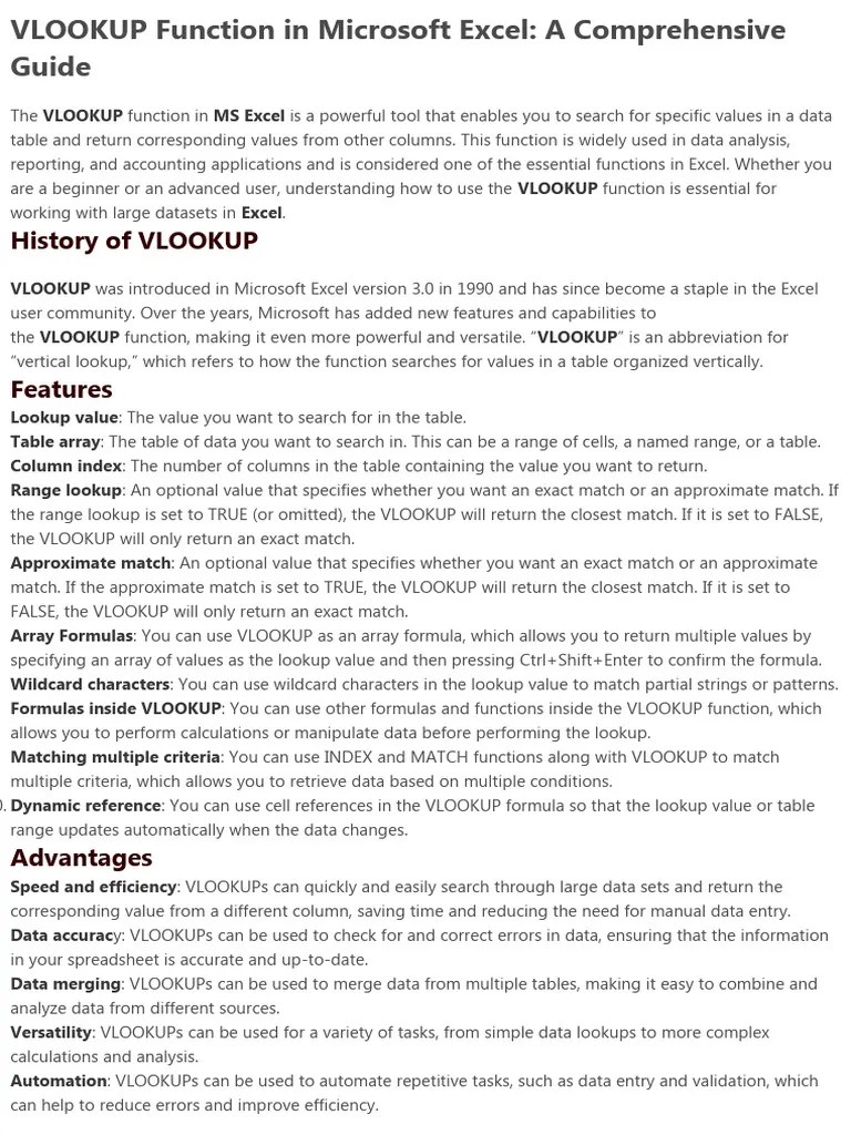 VLOOKUP Function In Microsoft Excel A Comprehensive Guide | PDF ...