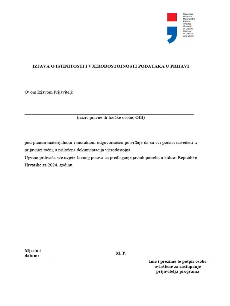 Izjava O Vjerodostojnosti Podataka - 2024 | PDF