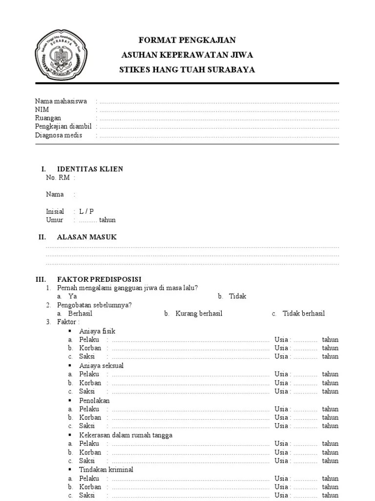 Di ruang kenanga rsud prof. Format Pengkajian Keperawatan Jiwa