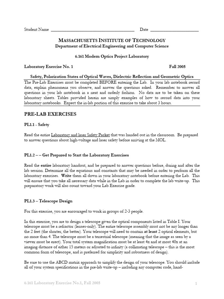 Lab1 - Sécurité, États De Polarisation Des Ondes Optiques, Réflexion ...