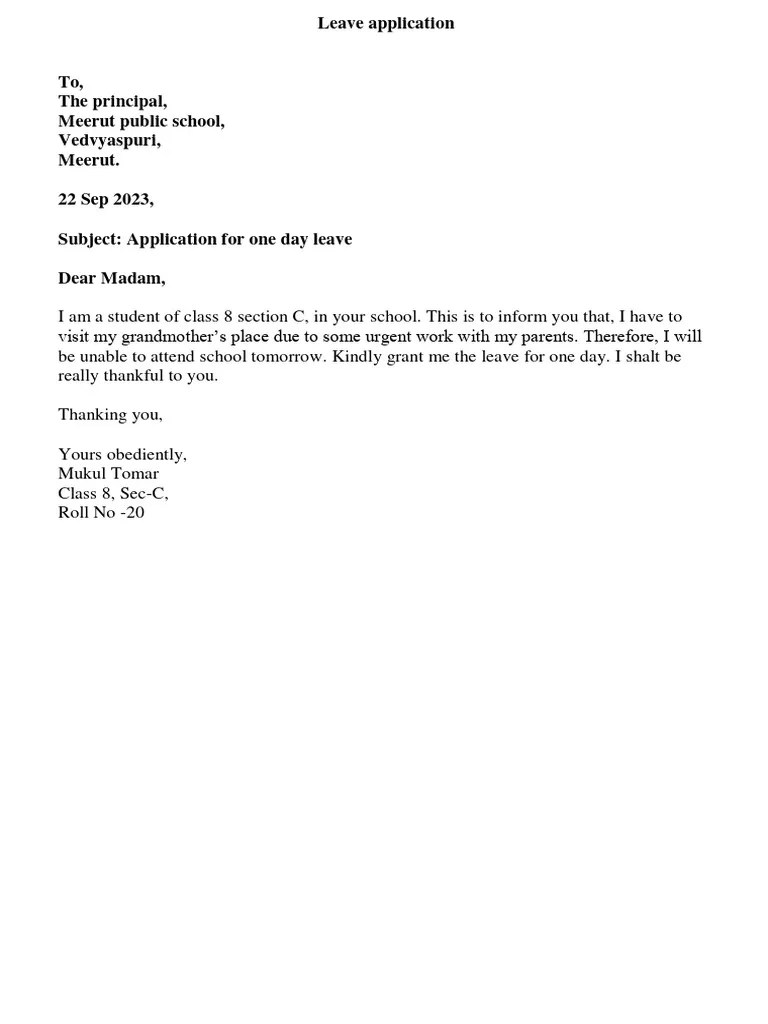 Leave Application By Teacher To Principal In School | PDF