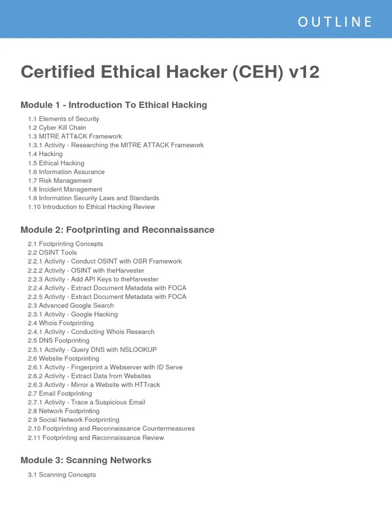 Certified Ethical Hacker (CEH) V12 Outline | PDF