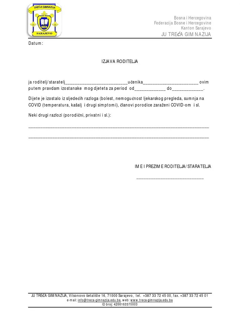 Obrazac Za Pravdanje Izostanaka Učenika | PDF