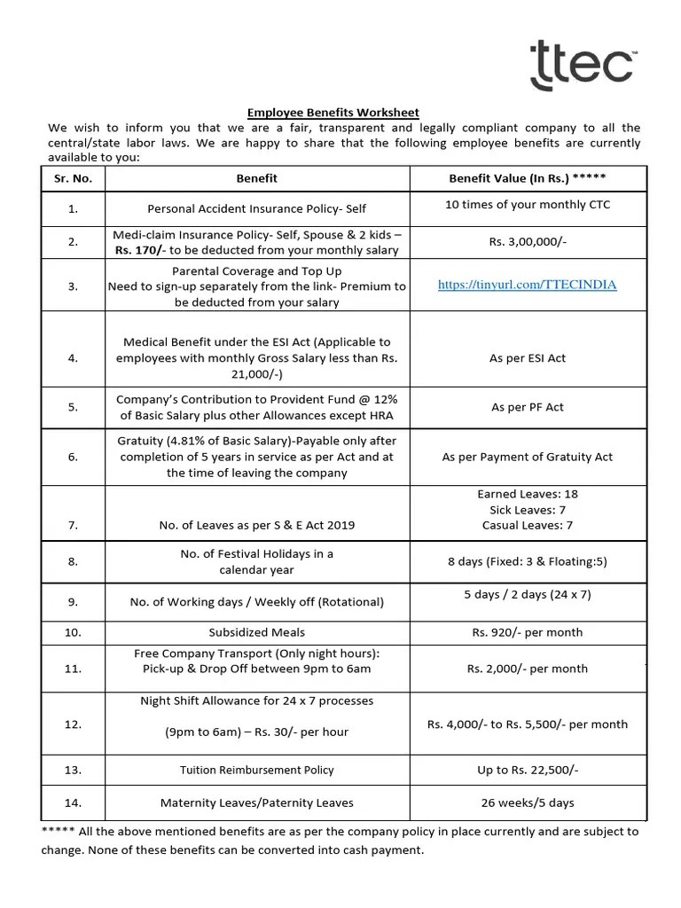 Employee Benefits Sheet | PDF