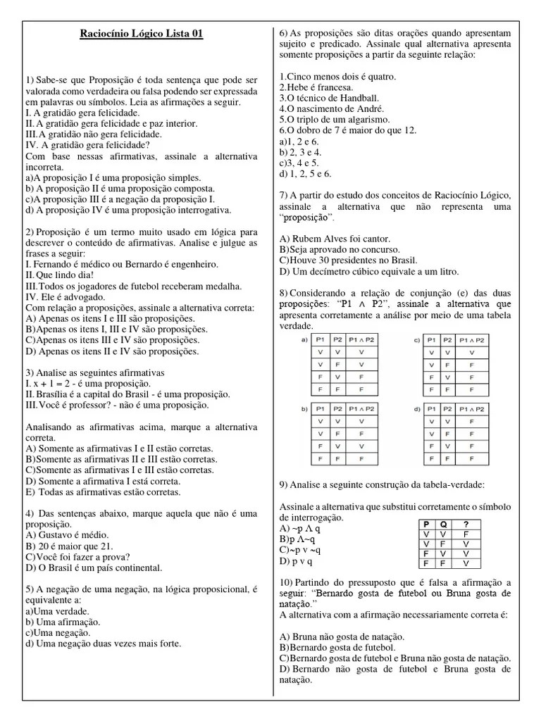 Raciocínio Lógico 01 | PDF | Lógica Matemática | Proposição