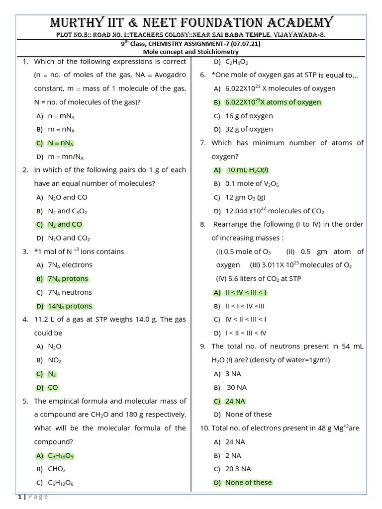 Mole Concept And Stoichiometry Key | PDF | Mole (Unit) | Molecules