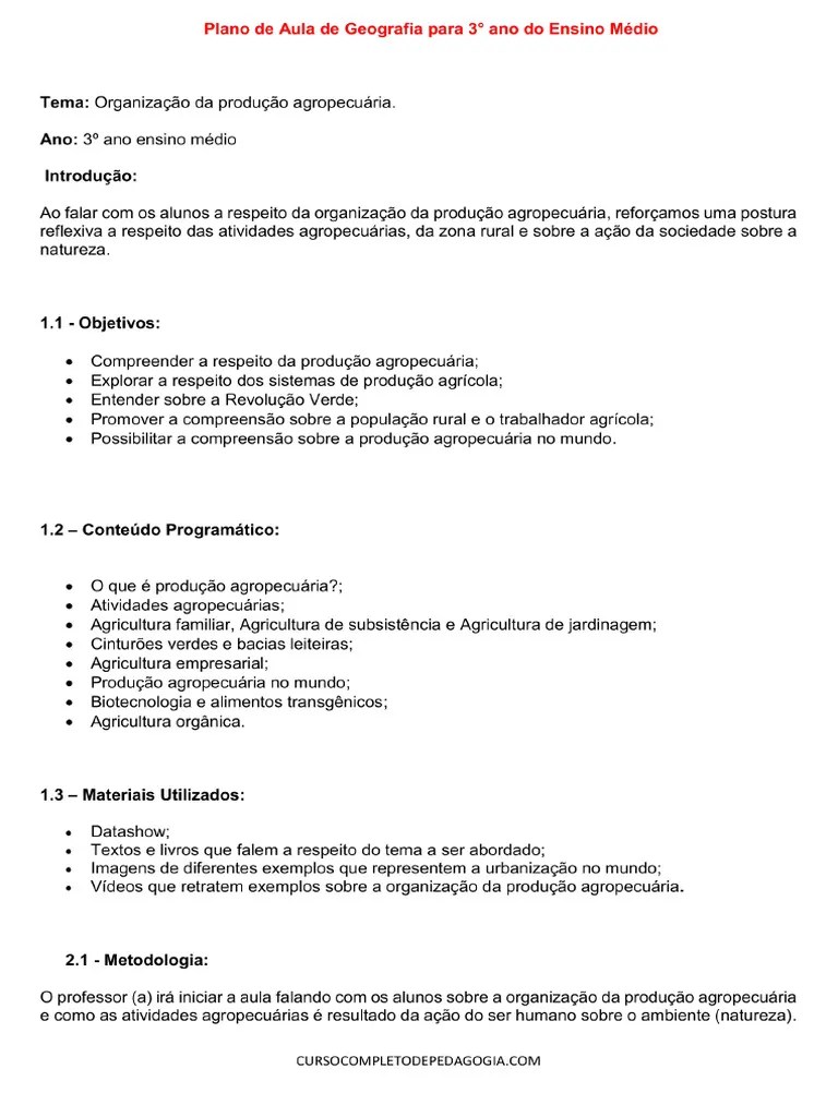 Plano De Aula De Geografia Para 3° Ano Do Ensino Medio | PDF
