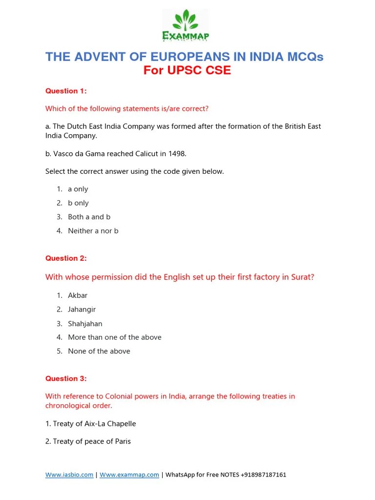 MCQs THE ADVENT OF EUROPEANS UPSC CIVIL SERVICES EXAM | PDF | East ...