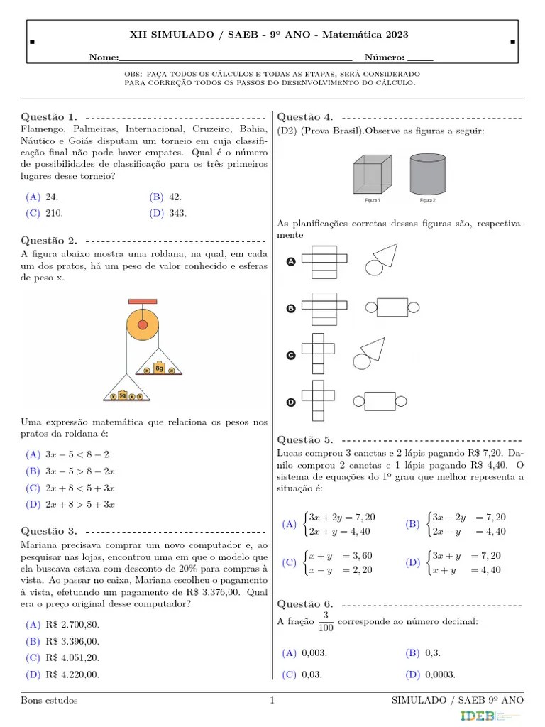 12° Simulado 2023.3 - (Mat. 9° Ano) | PDF