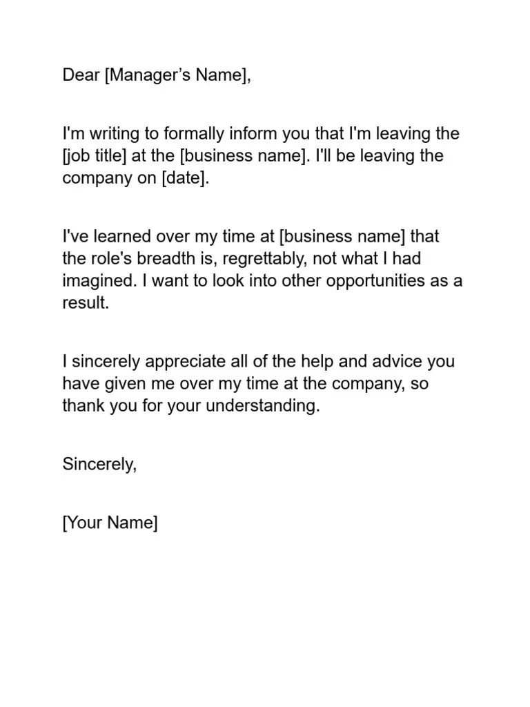Resignation Letter Template For A Role That's Not A Good Fit | PDF