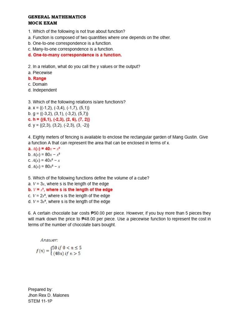 General Mathematics Mock Test Reviewer | PDF | Asymptote | Function ...