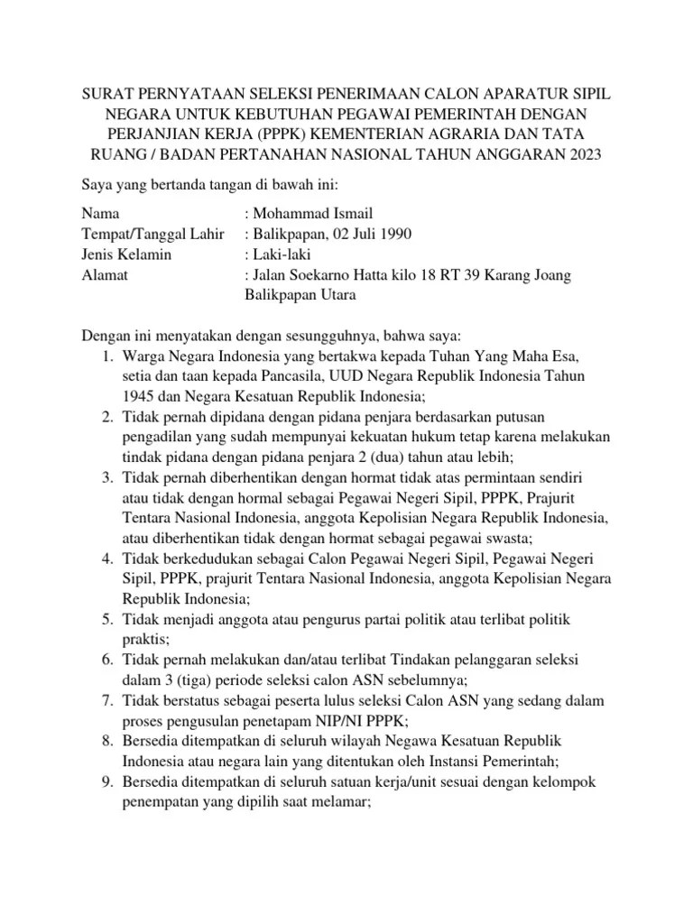 Surat Pernyataan Seleksi PPPK | PDF