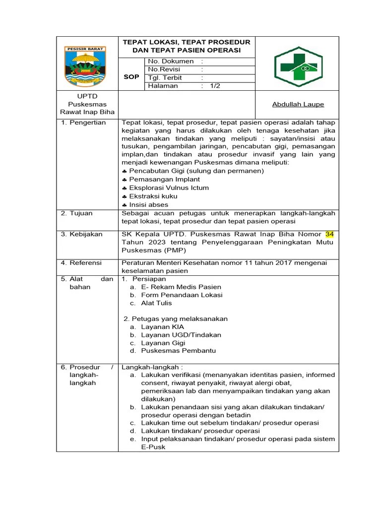 Sop Tepat Lokasi, Tepat Prosedur Dan Tepat Pasien Operasi | PDF | Sains ...