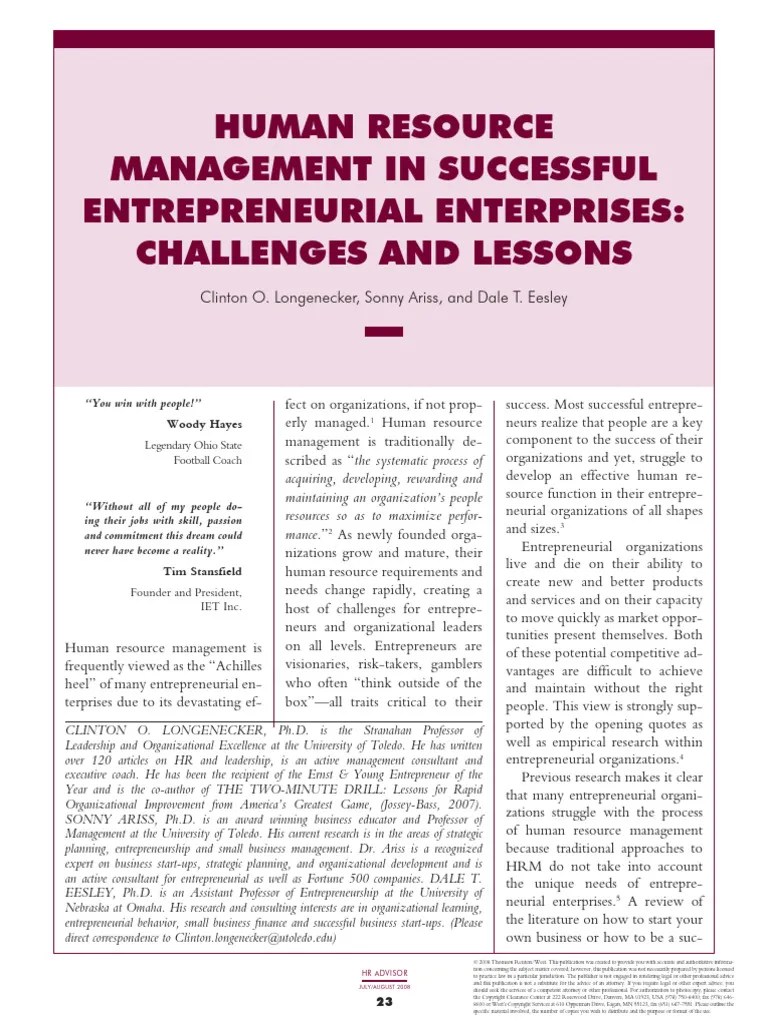 2008 Human Resource Management In Successful Entrepreneurial Enterprises - Challenges And ...