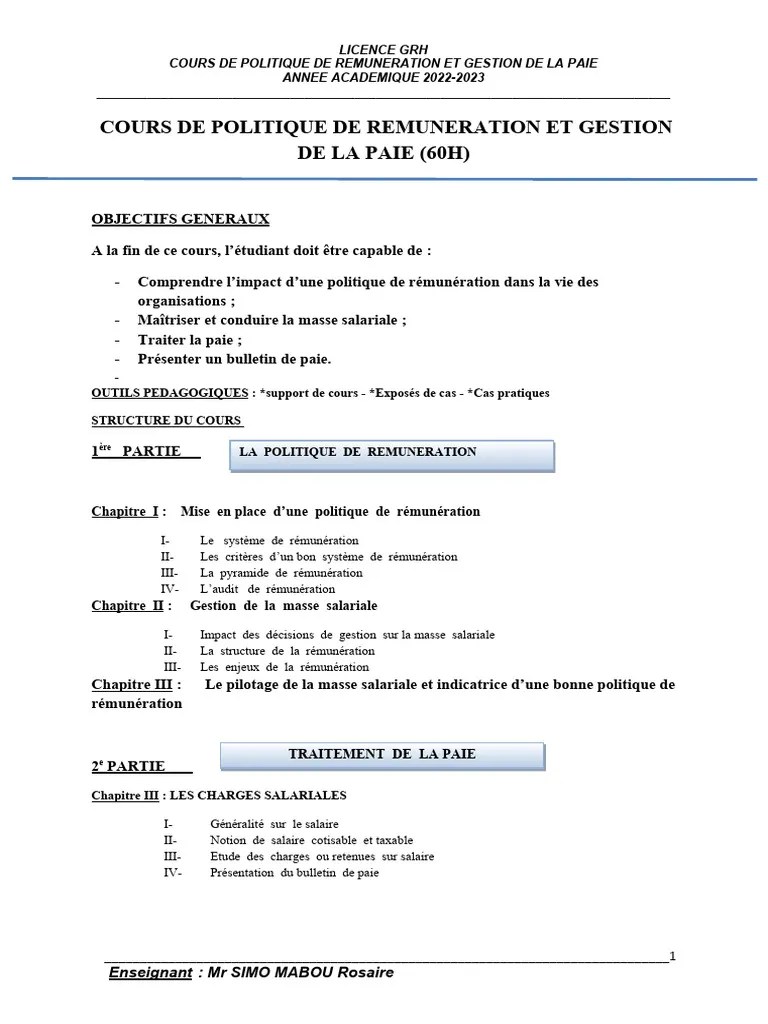 CHAPITRE 1 - 2 Et 4 - COURS DE POLITIQUE DE REMUNERATION ET GESTION DE ...