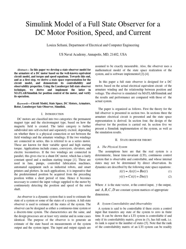 Simulink Model Of A Full State Observer For A DC Motor Position, Speed, And Current | PDF