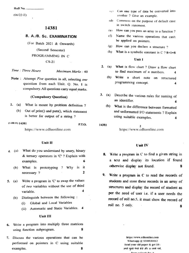 Ba BSC 2 Sem Programming In C 14381 Jun 2022 | PDF