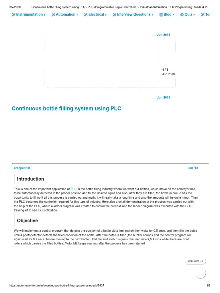 Continuous Bottle Filling System Using PLC: Instrumentation Automation Electrical Interview ...