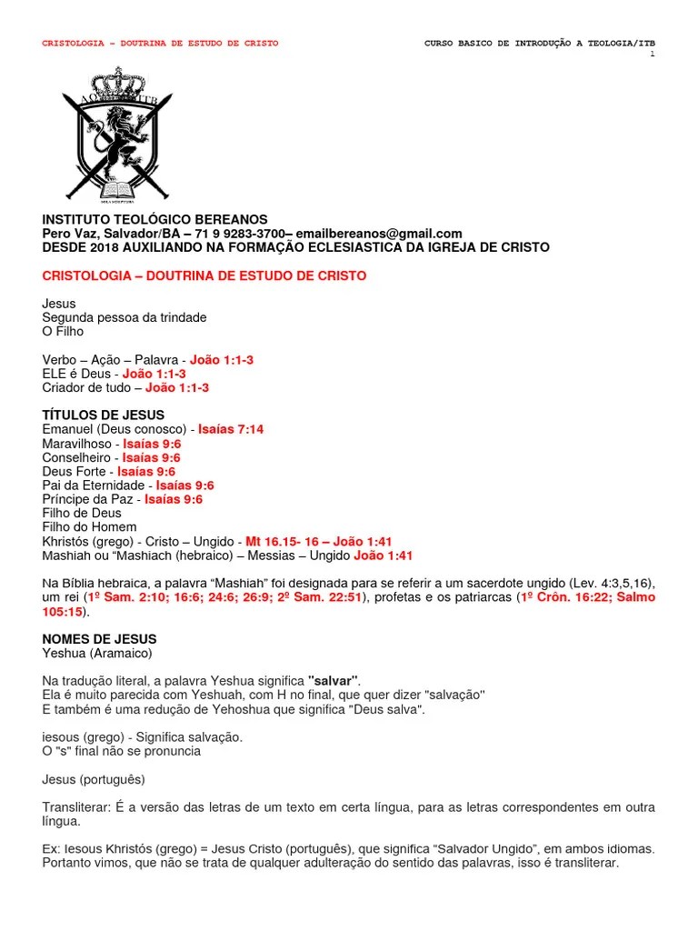 03 - Resumo Cristologia - Estudo Da Pessoa De Cristo | PDF