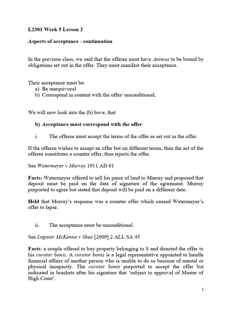 L2301 Week 5 Lesson 2 Aspects Of Acceptance | PDF | Offer And Acceptance | Civil Law (Legal System)