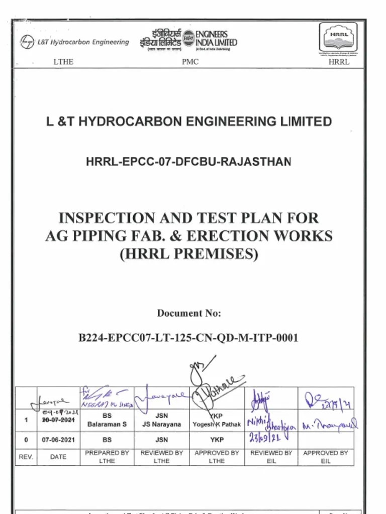 B224-EPCC07-LT-125-CN-QD-M-ITP-0001 Inspection And Test Plan For AG Piping Fab. & Erection Works ...