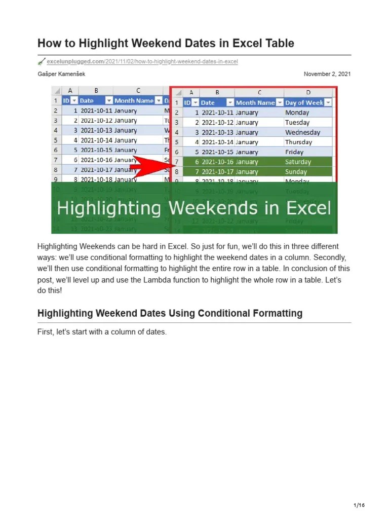 How To Highlight Weekend Dates In Excel Table | Download Free PDF | Workweek And Weekend ...