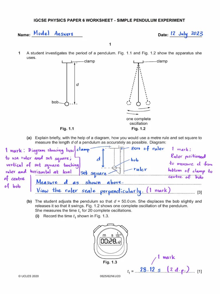 Model Answers - IGCSE Physics Paper 6 Worksheet - Simple Pendulum ...