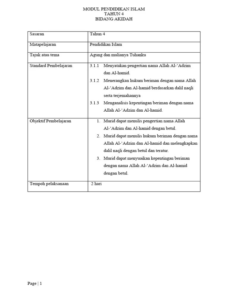 Modul Pendidikan Islam Tahun 4 Akidah  PDF.