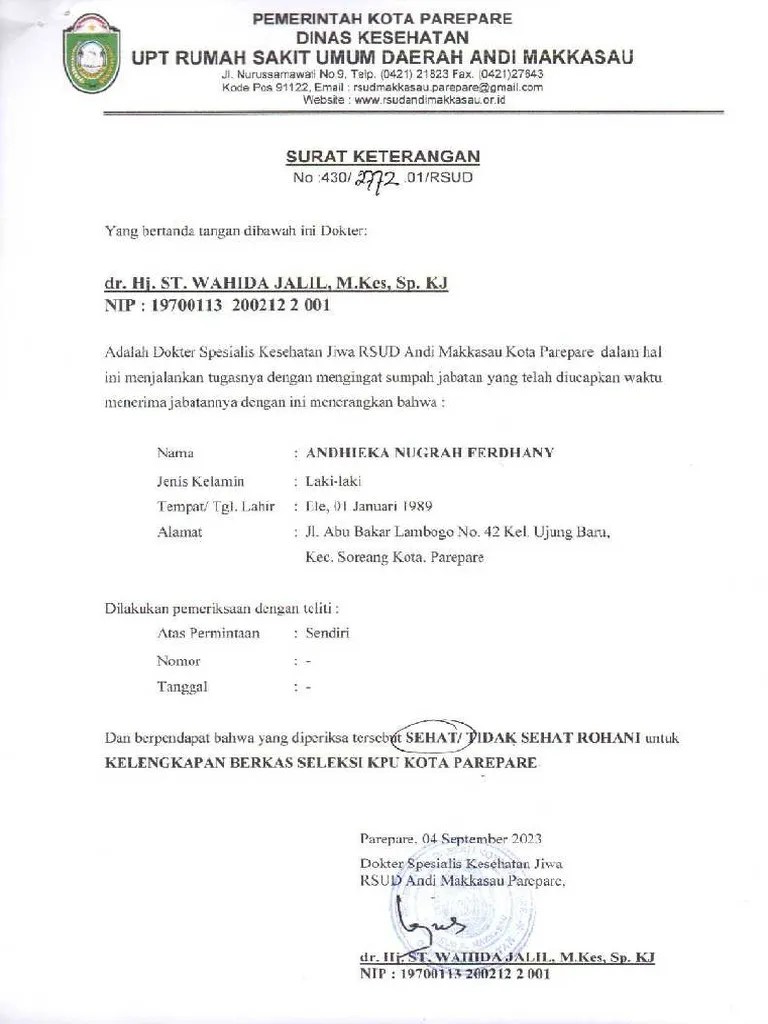 Surat Keterangan Sehat Rohani, Jasmani Dan Narkotika | PDF