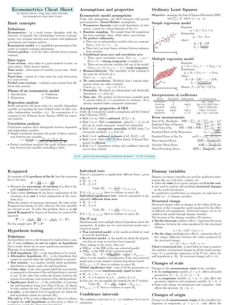 Econometrics Cheatsheet En | PDF | Ordinary Least Squares | Errors And ...