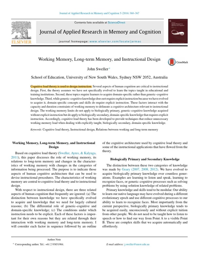 Working Memory, Long-Term Memory, And Instructional Design | PDF ...