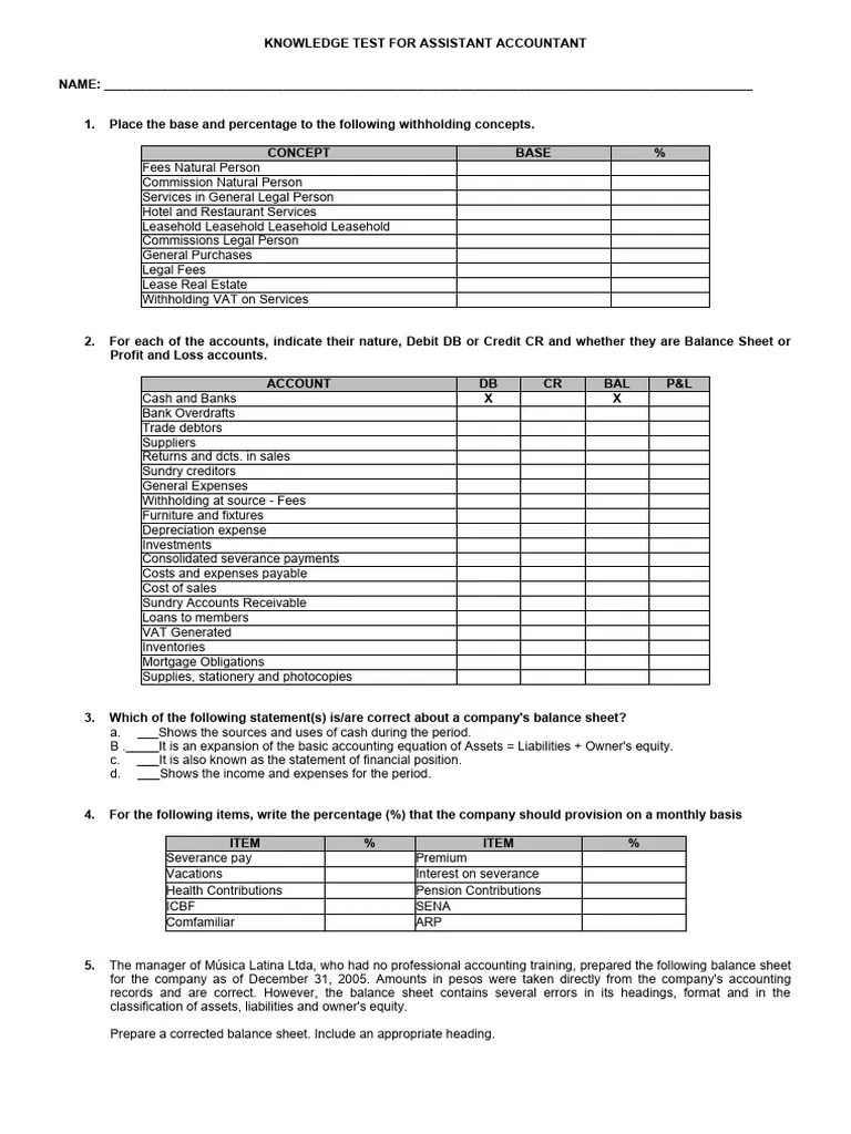 Accounting Assistant Test | PDF | Balance Sheet | Expense