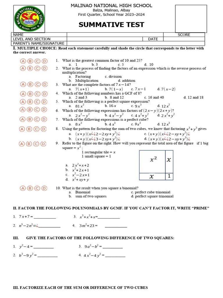 Summative Test | PDF | Factorization | Mathematical Analysis