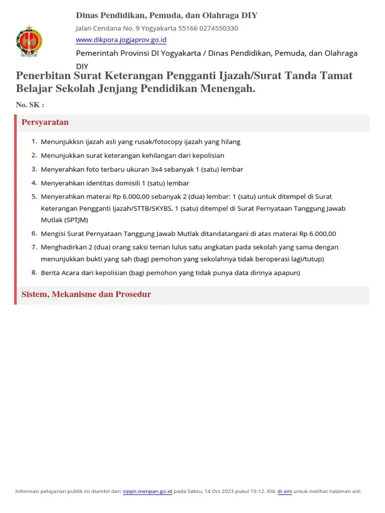 Unduh Standar Pelayanan - Penerbitan Surat Keterangan Pengganti Ijazah Surat Tanda Tamat Belajar ...
