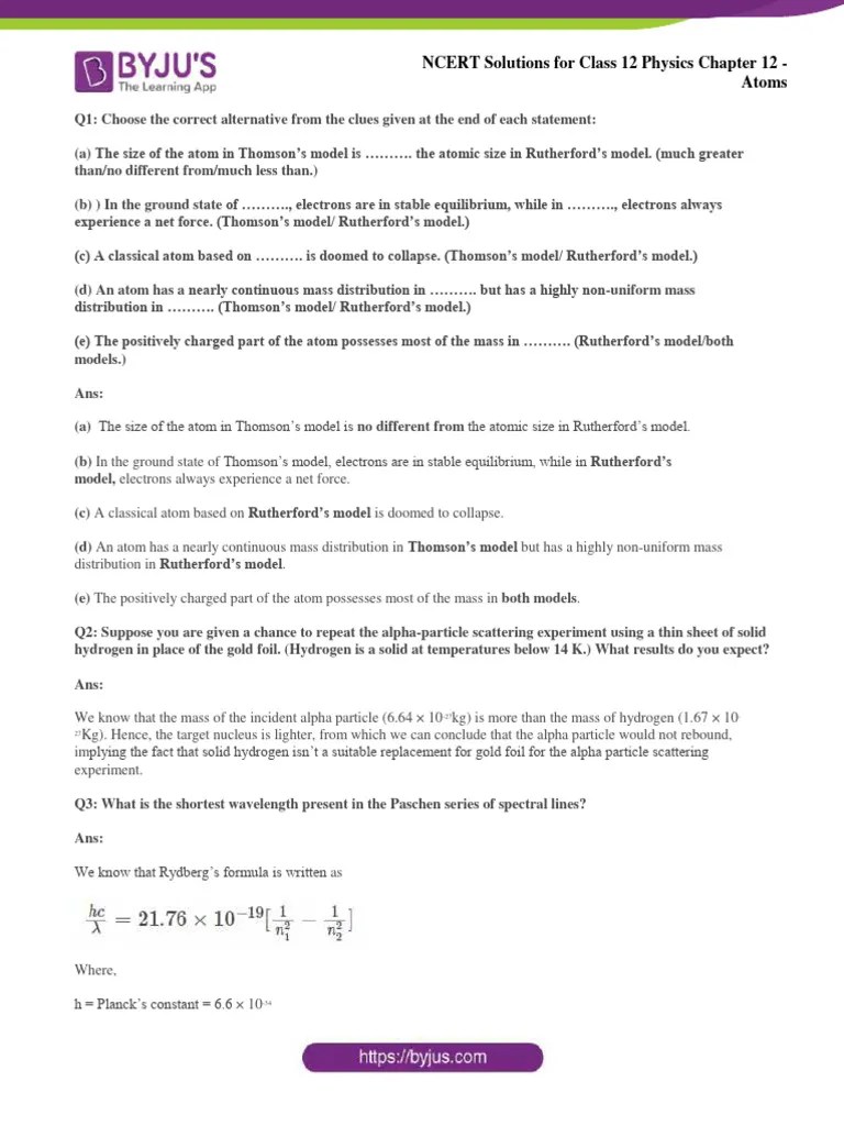 NCERT Solutions For Class 12 Physics Chapter 12 Atoms | PDF | Electron ...